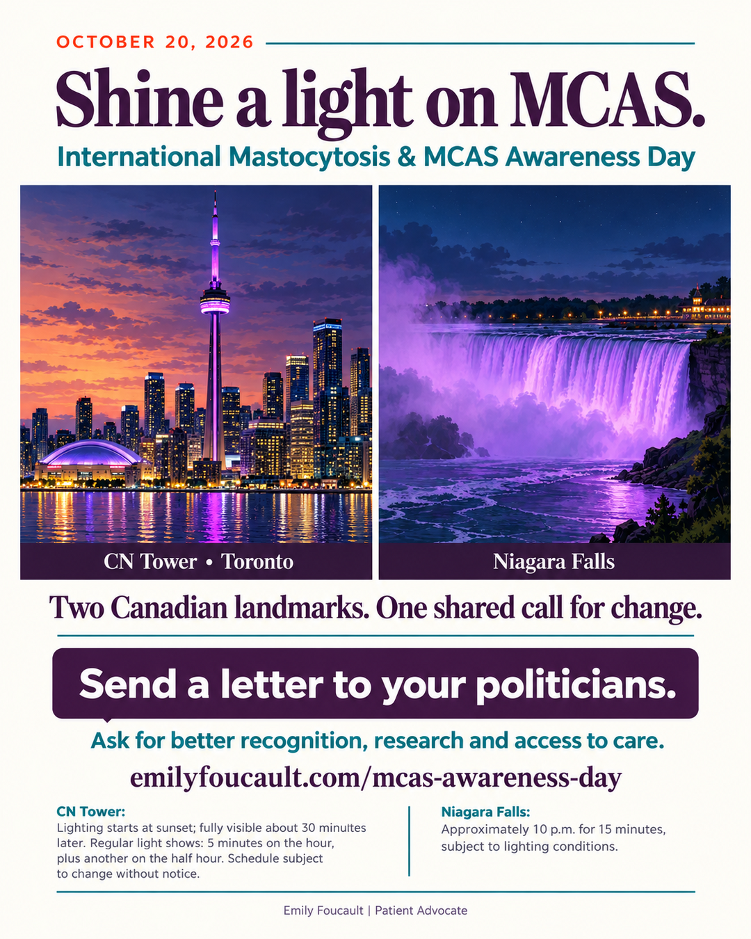 CN Tower and Niagara Falls pictured in purple in the awareness campaign artwork